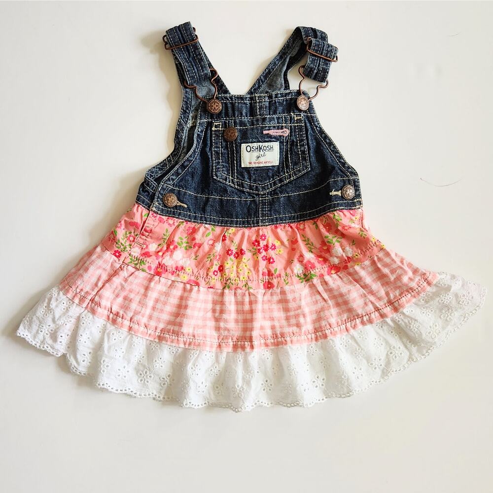 OshKosh B'Gosh Girl	s Pink Floral Gingham Eyelet Skirted Overalls Size 12 mos